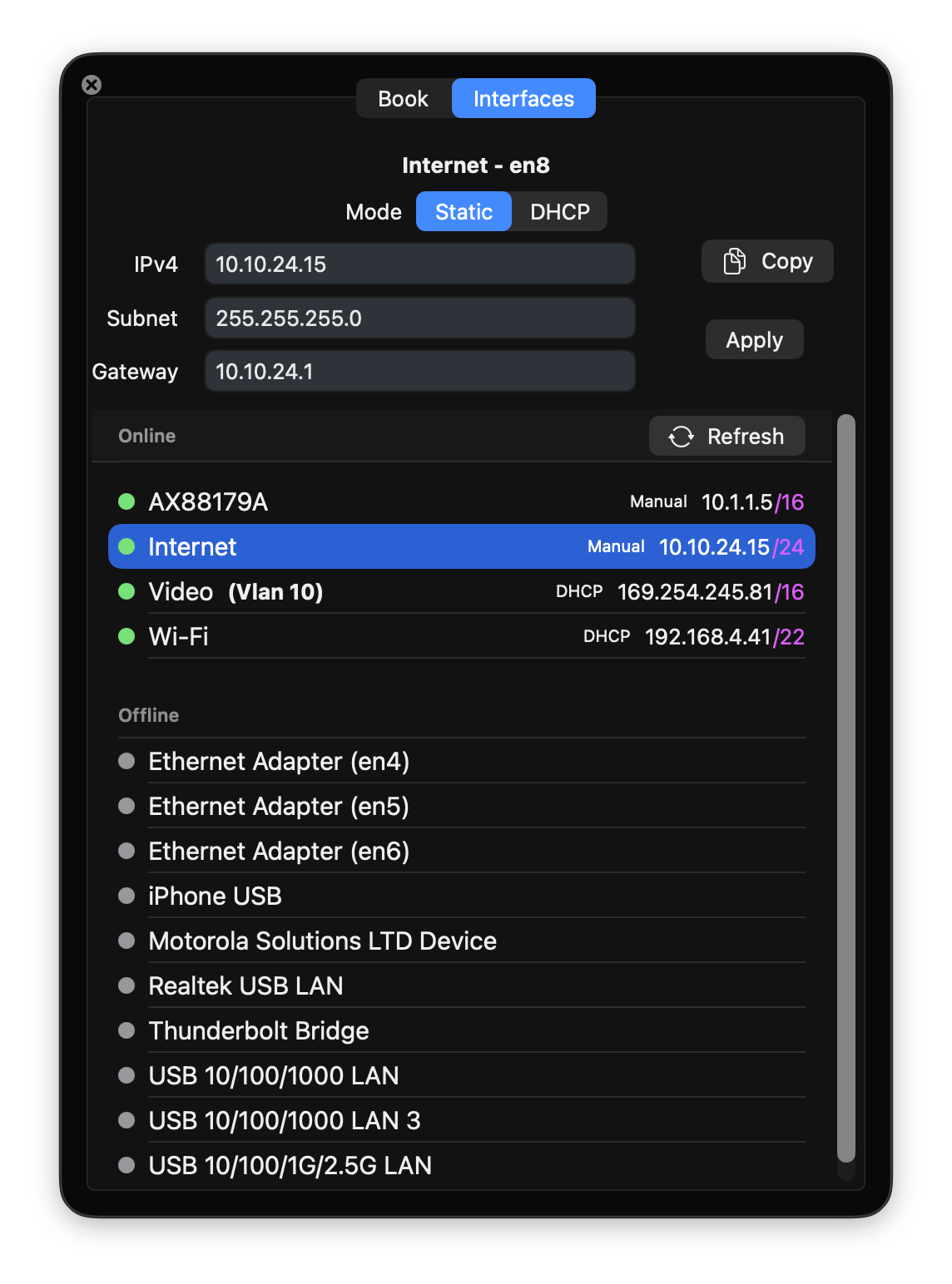 Set any interface from the menu bar